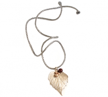Двухстороннее колье Ester Bijoux с жемчугом и листом берёзы в серебре на шнурке